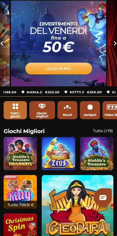 Pagina principale mobile del sito Winorama adattata per il gioco da casinò su smartphone