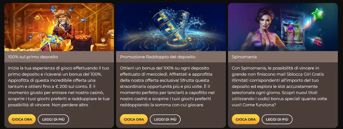 Pagina delle offerte promozionali sul Casinò Winorama con bonus, giri gratuiti e offerte in evidenza
