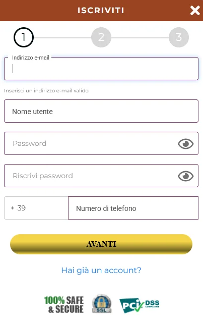 Modulo di registrazione sul sito Winorama per la creazione di un nuovo account casinò
