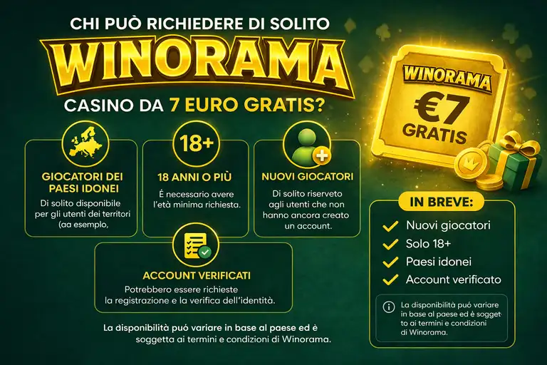 Condizioni di idoneità per richiedere il bonus di 7 euro gratis sul casinò Winorama per nuovi giocatori